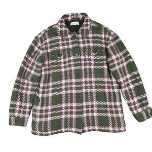 Outerknown Cloud Weave Plaid Shacket Button Up Olive Green Pink Plaid Large EUC